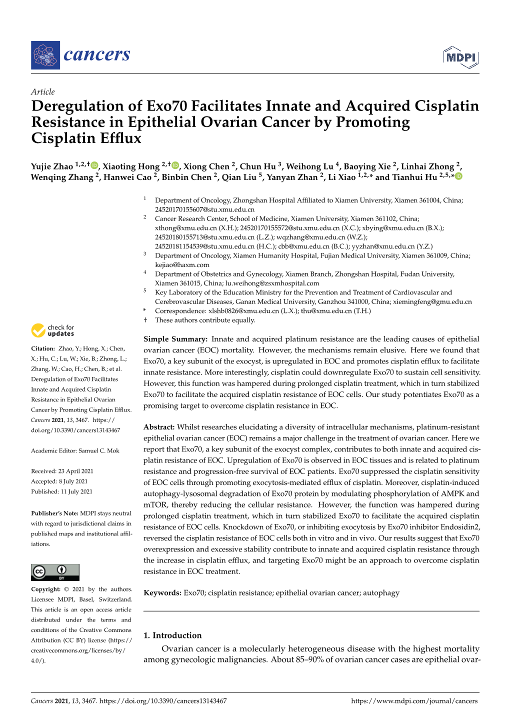 Deregulation of Exo70 Facilitates Innate and Acquired Cisplatin Resistance in Epithelial Ovarian Cancer by Promoting Cisplatin Efﬂux