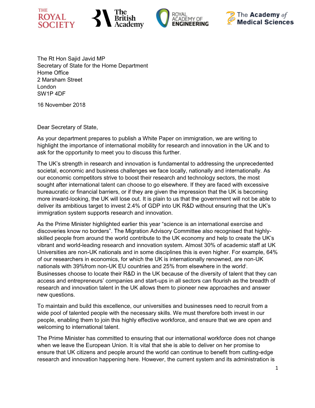 Letter to the Home Secretary Highlighting the Importance Of