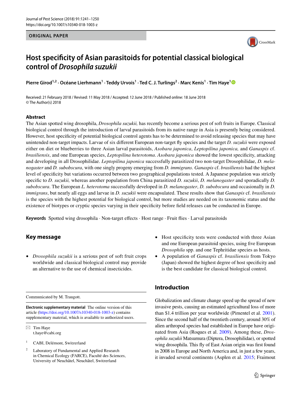 Host Specificity of Asian Parasitoids for Potential Classical Biological Control of Drosophila Suzukii