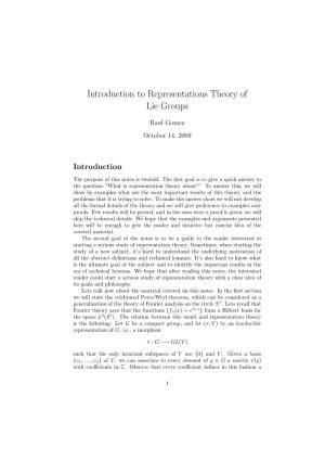 Introduction to Representations Theory of Lie Groups