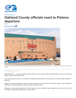 Oakland County Officials React to Pistons Departure Home by Thomas Franz