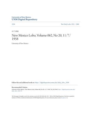 New Mexico Lobo, Volume 062, No 20, 11/7/1958." 62, 20 (1958)