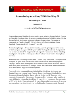 Remembering Archbishop TANG Yee-Ming, SJ