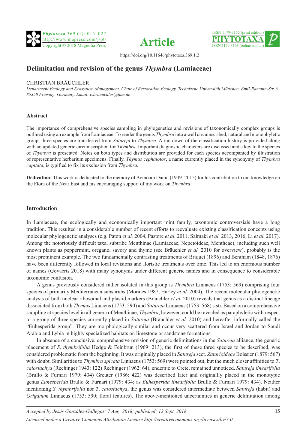 Delimitation and Revision of the Genus Thymbra (Lamiaceae)