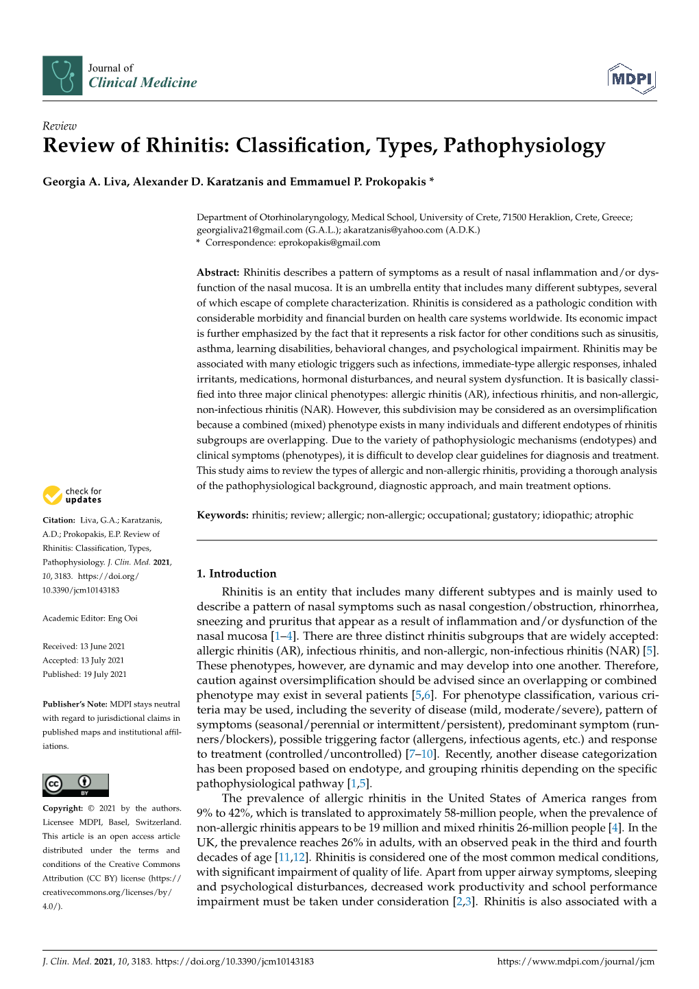 Review of Rhinitis: Classiﬁcation, Types, Pathophysiology