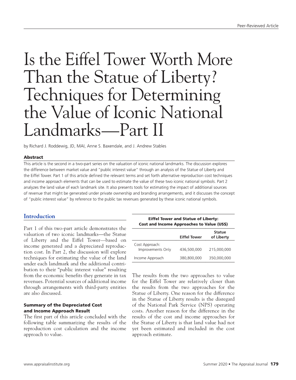 Is the Eiffel Tower Worth More Than the Statue of Liberty? Techniques for Determining the Value of Iconic National Landmarks—Part II by Richard J