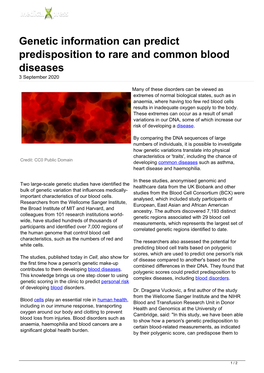 Genetic Information Can Predict Predisposition to Rare and Common Blood Diseases 3 September 2020
