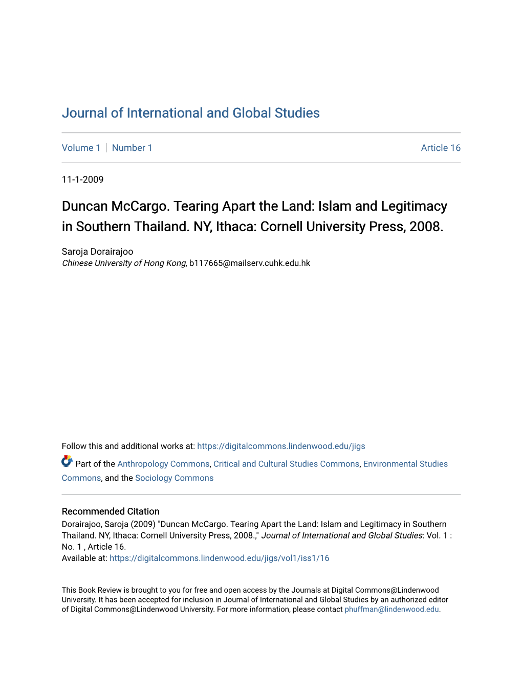 Duncan Mccargo. Tearing Apart the Land: Islam and Legitimacy in Southern Thailand