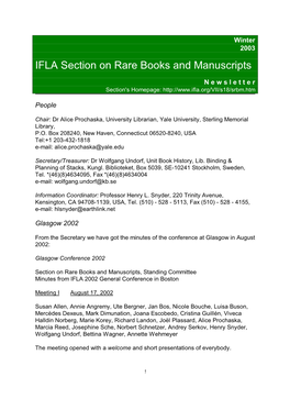 Winter 2003 IFLA Section on Rare Books and Manuscripts