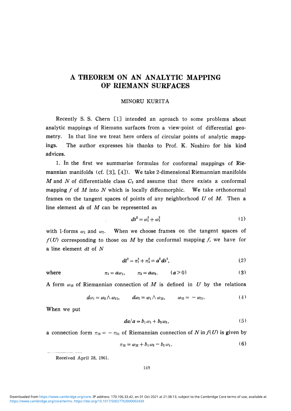 A Theorem on an Analytic Mapping of Riemann Surfaces