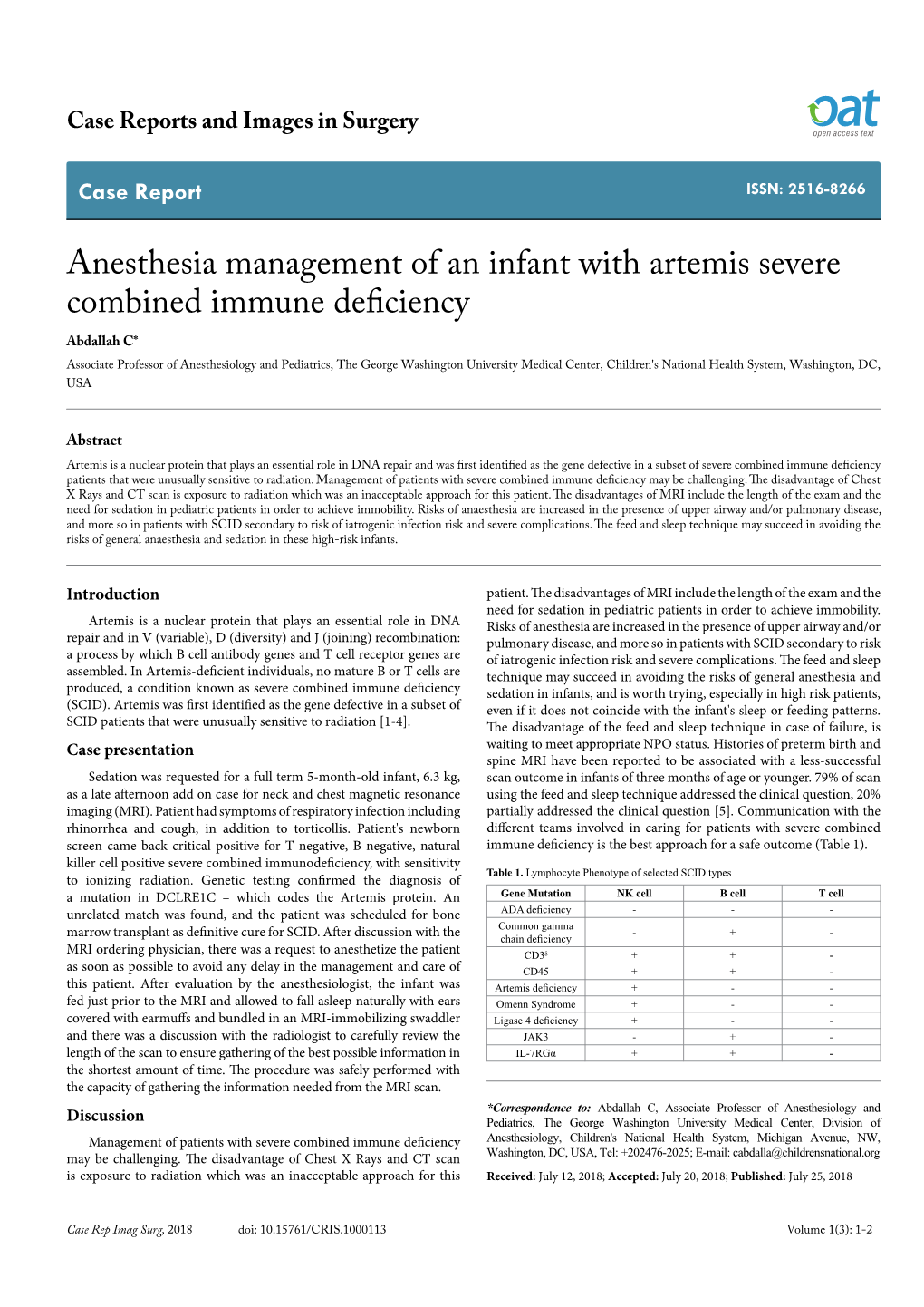 Anesthesia Management of an Infant with Artemis Severe Combined