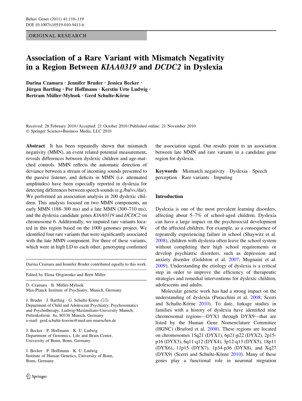 Association of a Rare Variant with Mismatch Negativity in a Region Between KIAA0319 and DCDC2 in Dyslexia