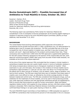 Bovine Somatotropin (Bst) – Possible Increased Use of Antibiotics to Treat Mastitis in Cows, October 30, 2013
