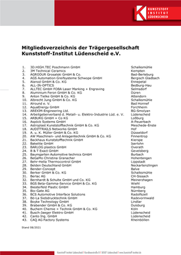 Mitgliedsverzeichnis Der Trägergesellschaft Kunststoff-Institut Lüdenscheid E.V