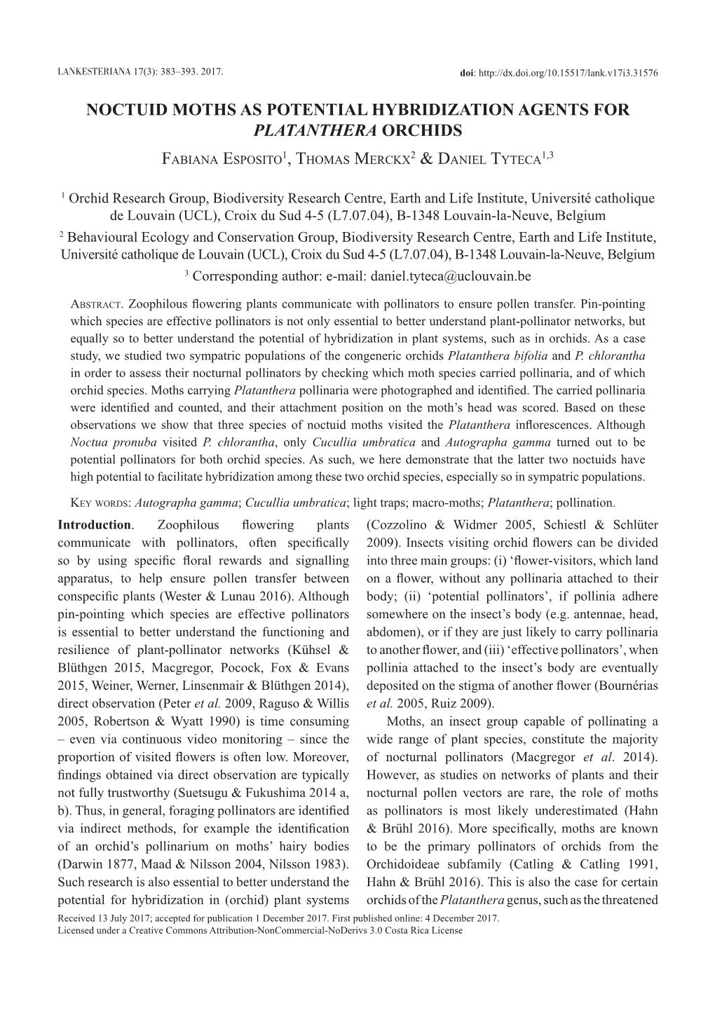 Noctuid Moths As Potential Hybridization Agents for Platanthera Orchids