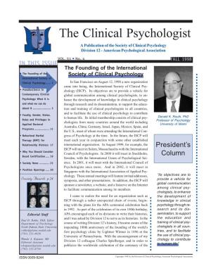The Founding of the International • the Founding of the Society of Clinical Psychology International Society of Clinical Psychology