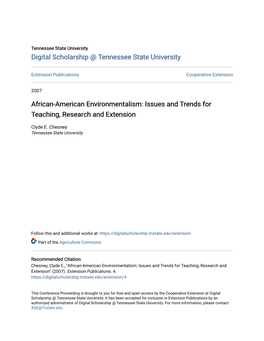 African-American Environmentalism: Issues and Trends for Teaching, Research and Extension