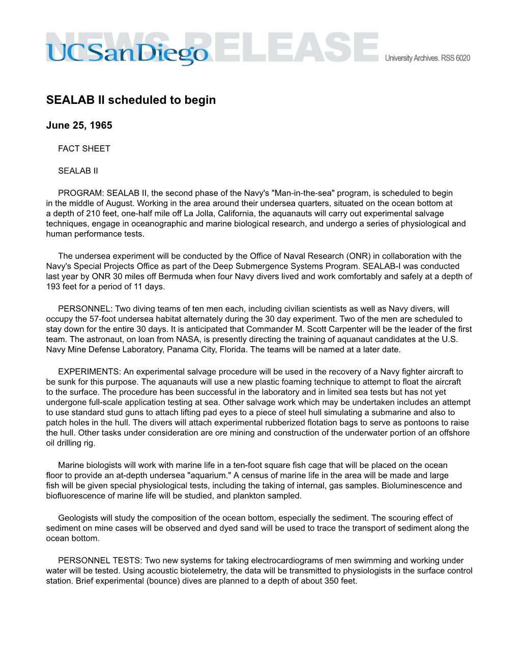 SEALAB II Scheduled to Begin