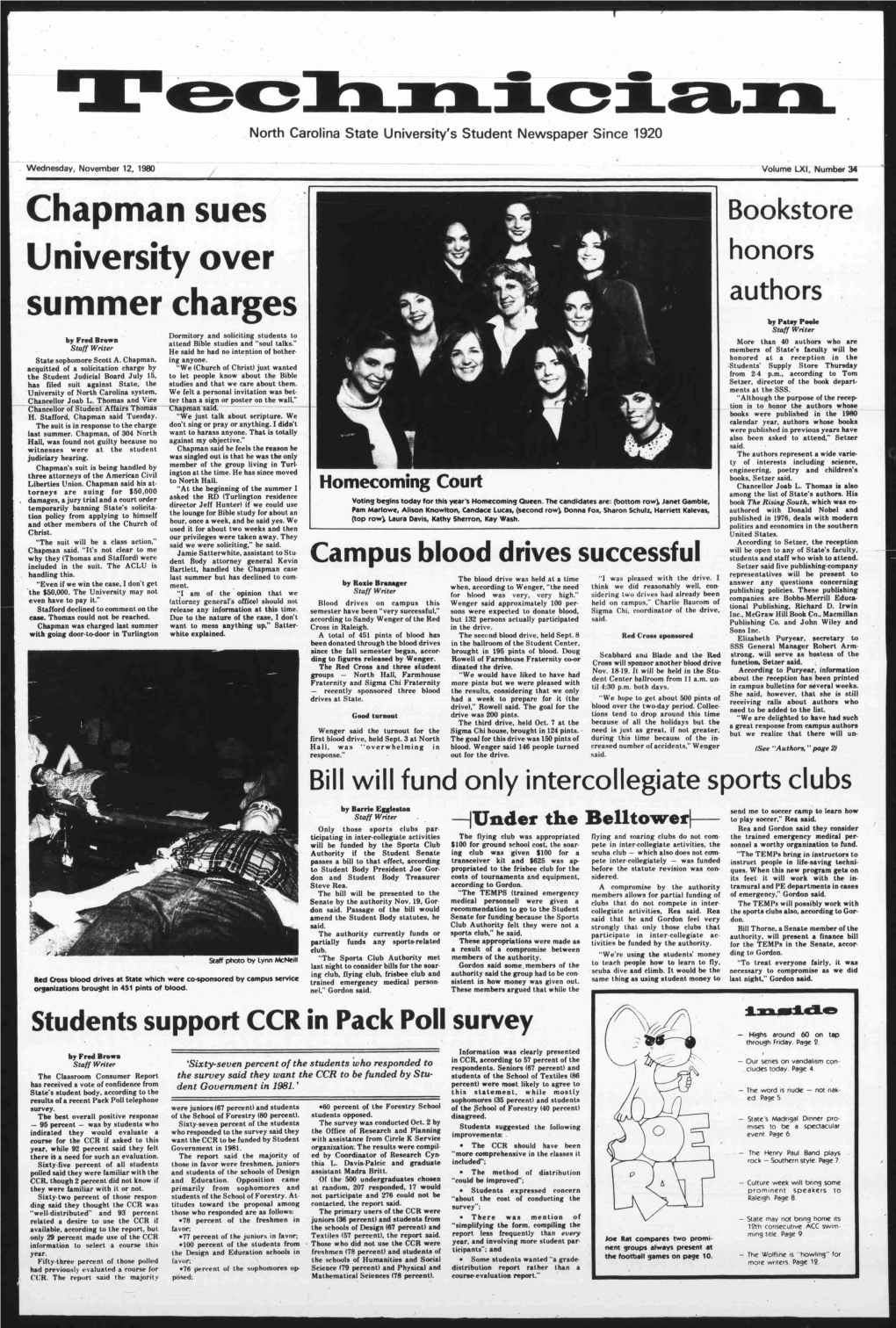 Technician.“ Wednesday, November 12, 1980 North Carolina State University's Student Newspaper Since 1920 Chapman Sues Univer