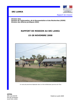OFPRA, Rapport De Mission Au Sri Lanka Du 15 Au 28 Novembre 2008
