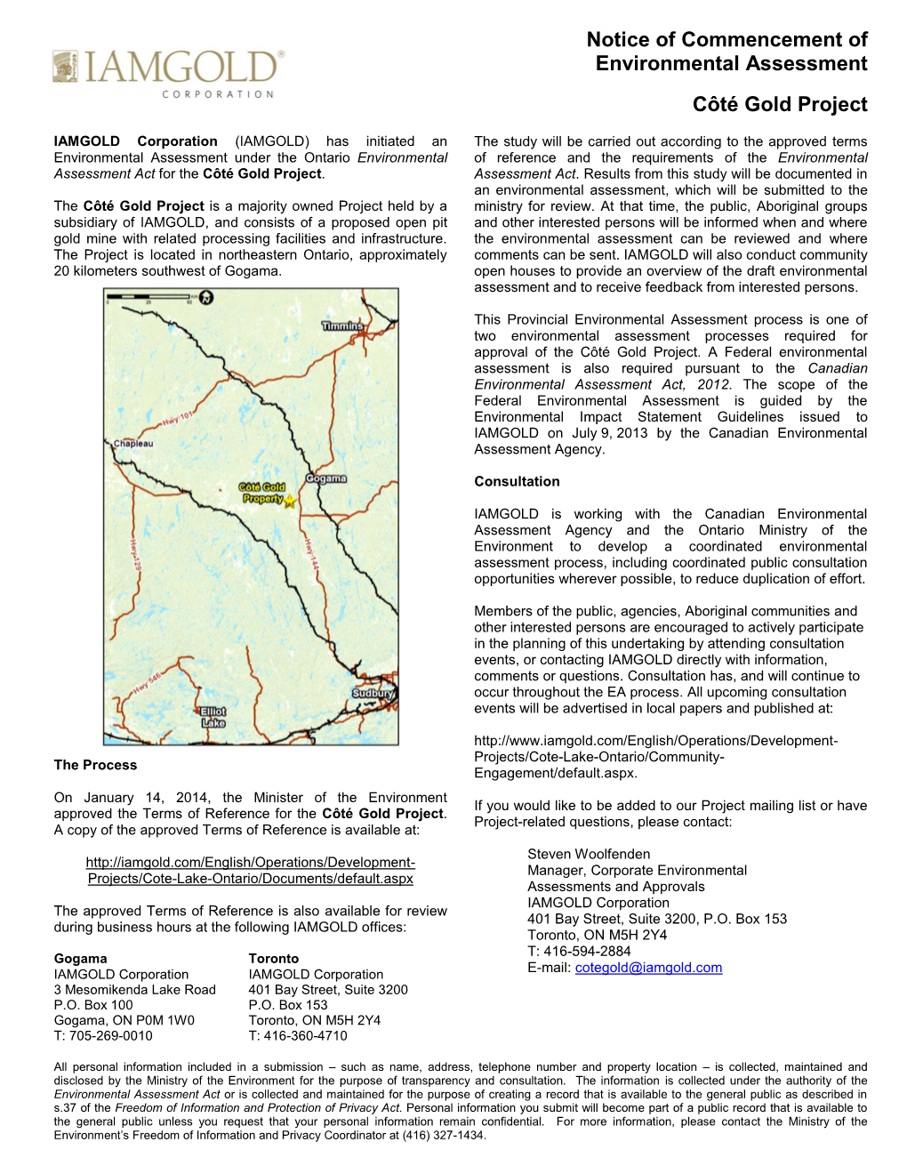 Notice of Commencement of Environmental Assessment Côté