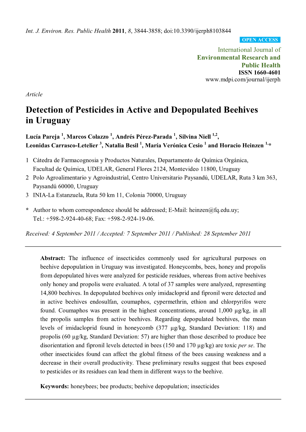 Detection of Pesticides in Active and Depopulated Beehives in Uruguay