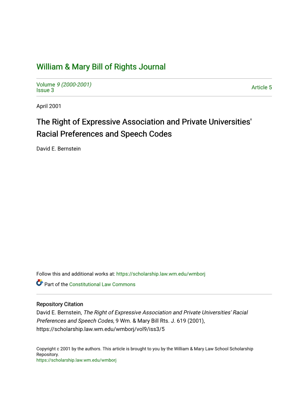 The Right of Expressive Association and Private Universities' Racial Preferences and Speech Codes