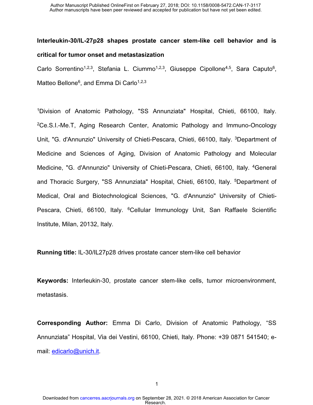 Interleukin-30/IL-27P28 Shapes Prostate Cancer Stem-Like Cell Behavior and Is Critical for Tumor Onset and Metastasization