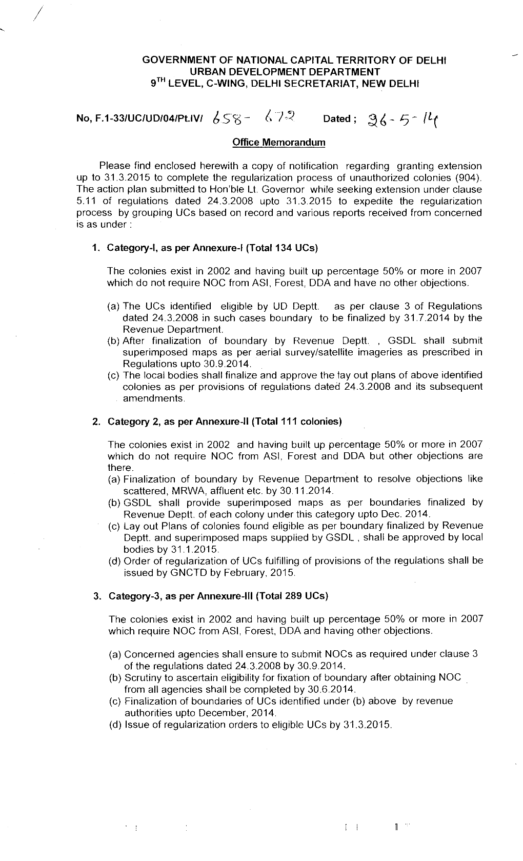 GOVERNMENT of NATIONAL CAPITAL TERRITORY of DELHI URBAN DEVELOPMENT DEPARTMENT Gth LEVEL, C-WING, DELHI SECRETARIAT, NEW DELHI