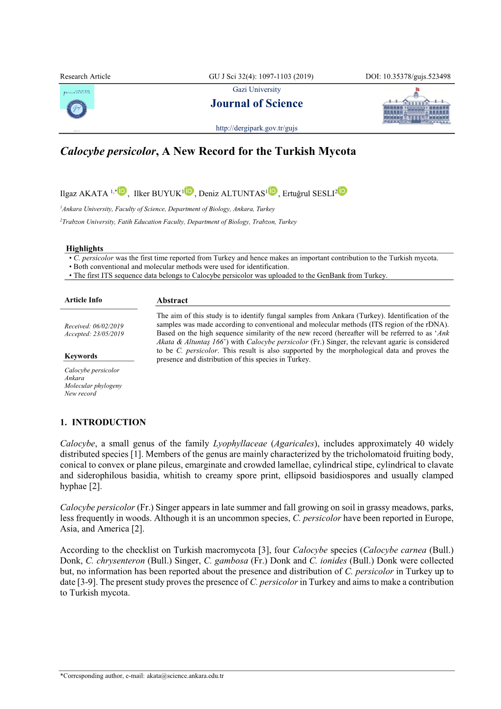 Journal of Science Calocybe Persicolor, a New Record for The