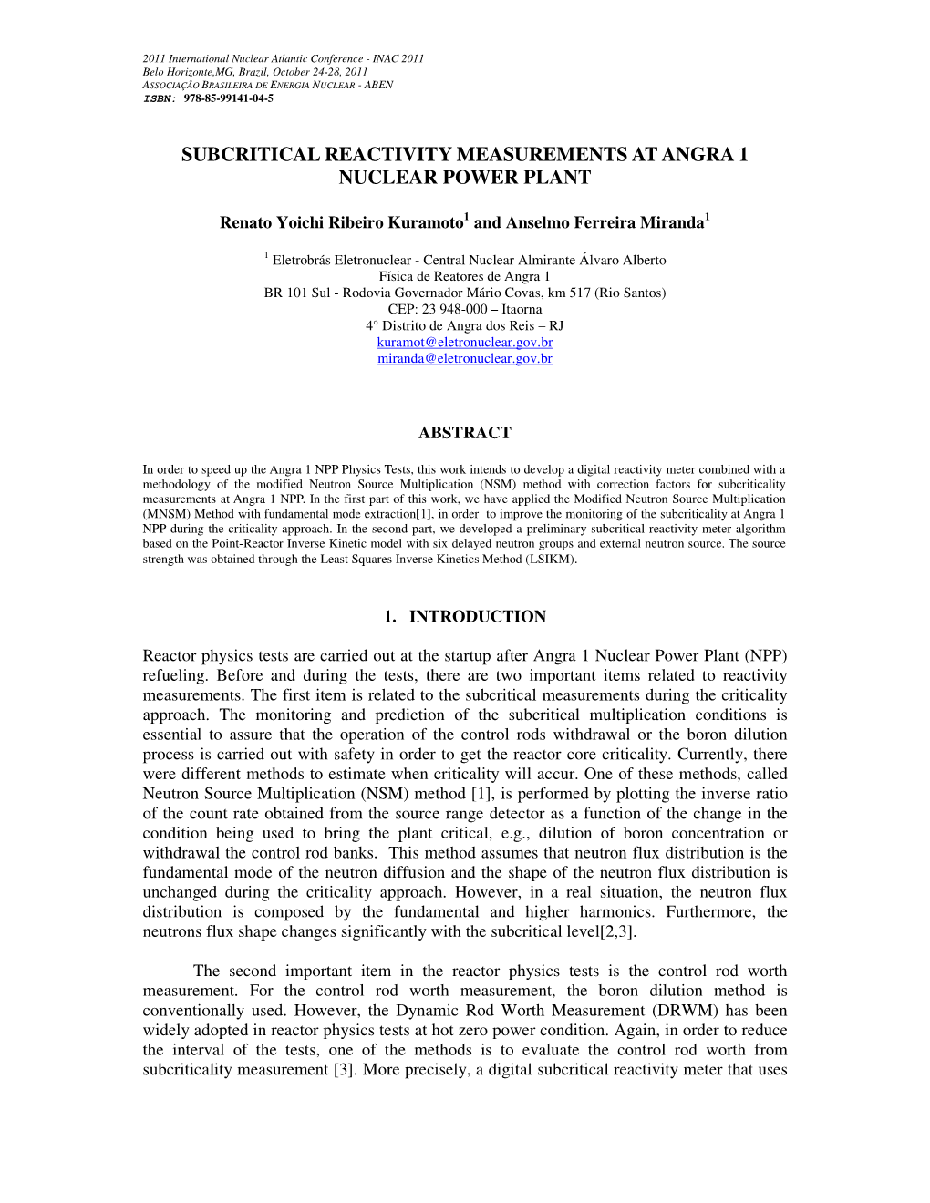 Subcritical Reactivity Measurements at Angra 1 Nuclear Power Plant