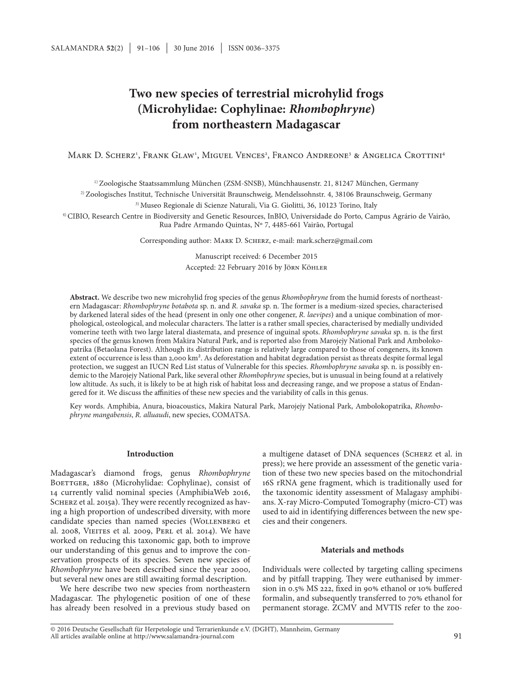 Microhylidae: Cophylinae: Rhombophryne) from Northeastern Madagascar