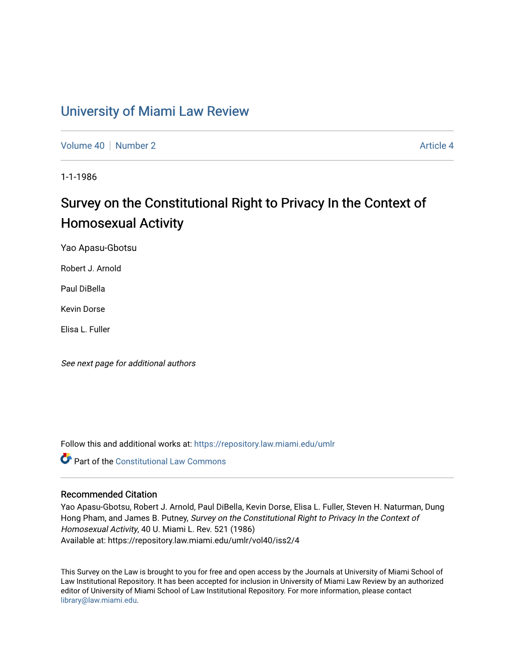 Survey on the Constitutional Right to Privacy in the Context of Homosexual Activity