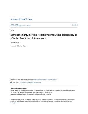 Complementarity in Public Health Systems: Using Redundancy As a Tool of Public Health Governance