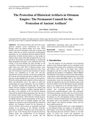 The Protection of Historical Artifacts in Ottoman Empire: the Permanent Council for the Protection of Ancient Artifactsi