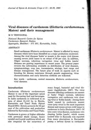 Viral Diseases of Cardamom (Elettaria Cardamomum Maton) and Their Management