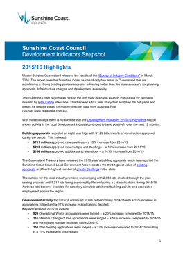 Sunshine Coast Council Development Indicators Snapshot 2015/16