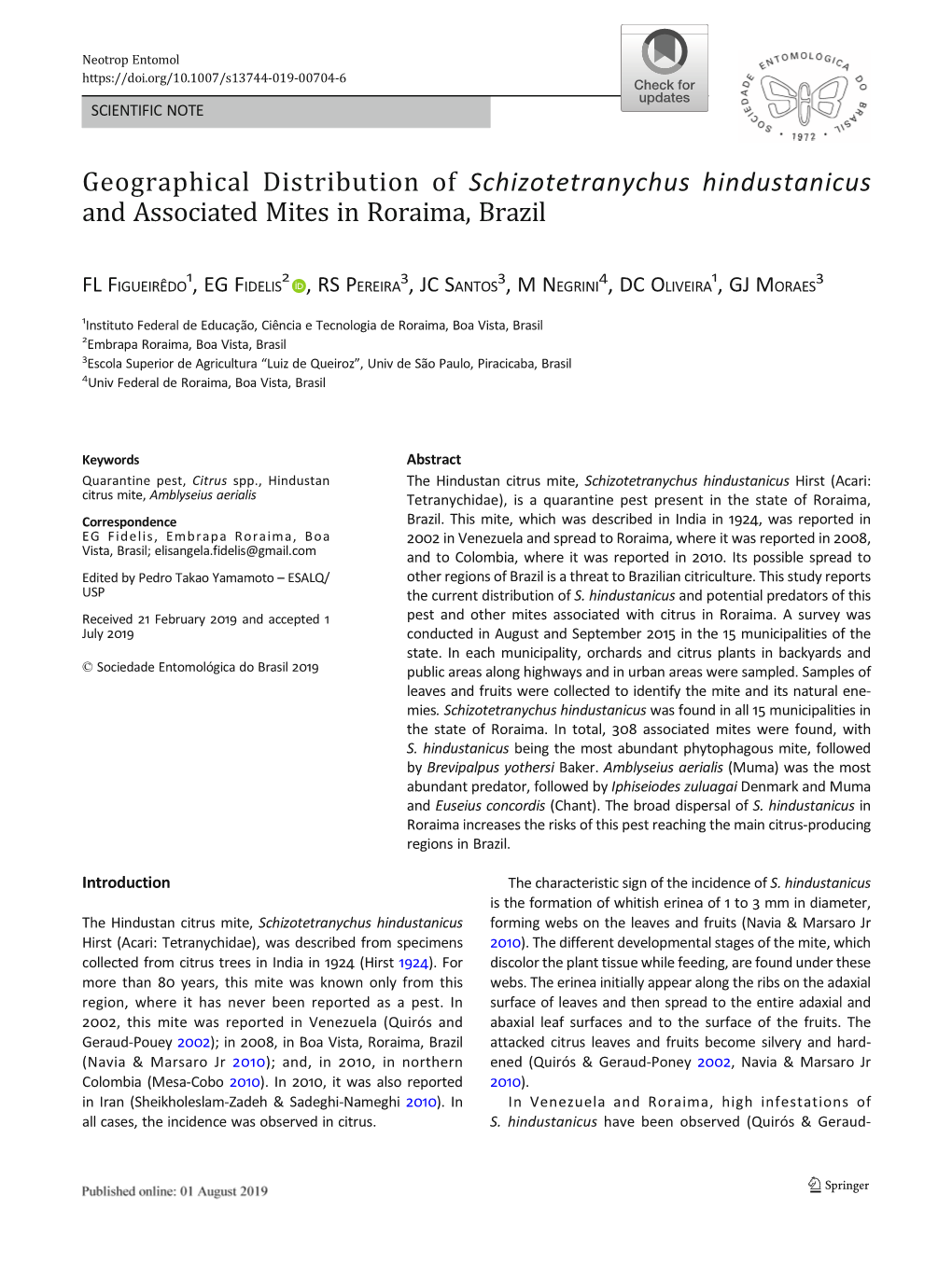 Geographical Distribution of Schizotetranychus Hindustanicus and Associated Mites in Roraima, Brazil