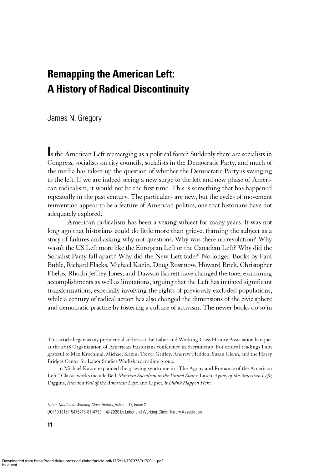 Remapping the American Left: a History of Radical Discontinuity