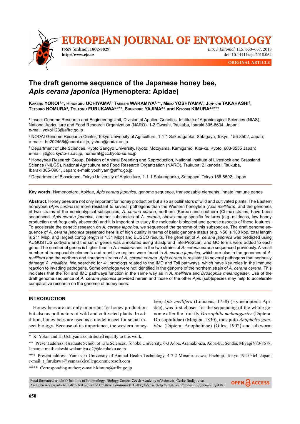 The Draft Genome Sequence of the Japanese Honey Bee, Apis Cerana Japonica (Hymenoptera: Apidae)