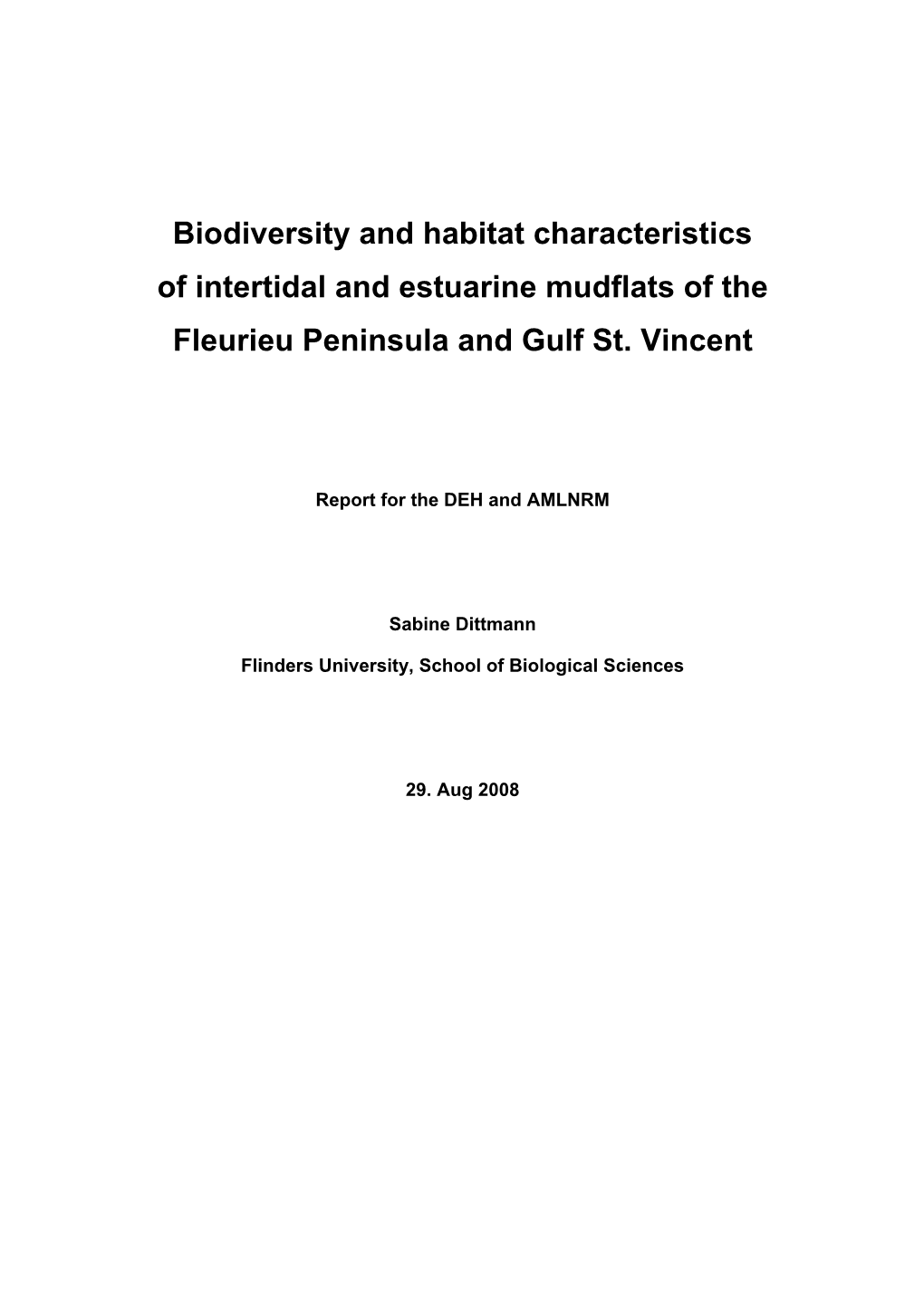 Biodiversity and Habitat Characteristics of Intertidal and Estuarine Mudflats of the Fleurieu Peninsula and Gulf St