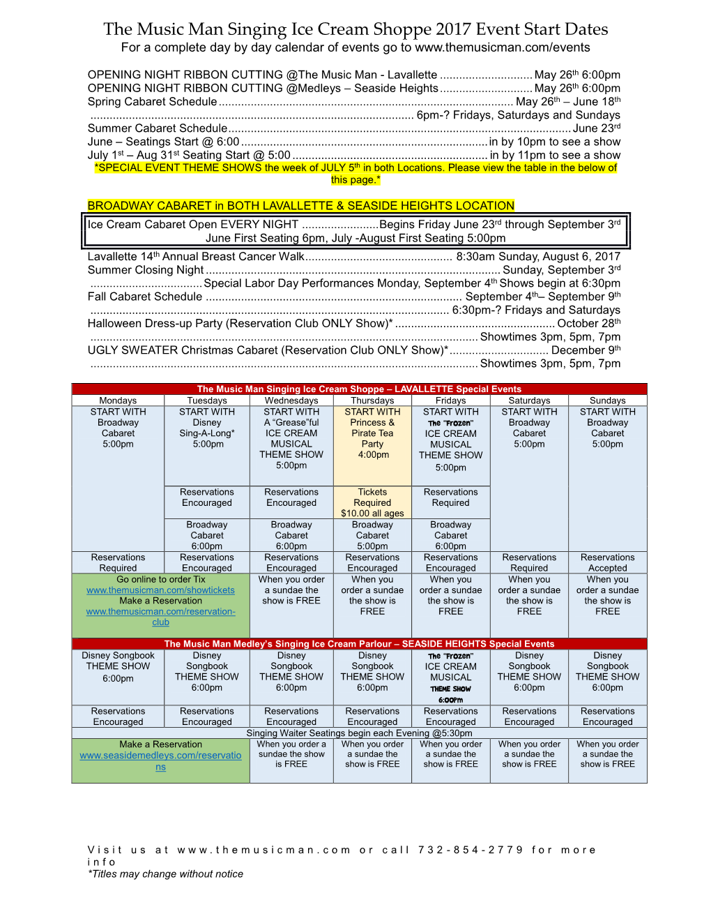 The Music Man Singing Ice Cream Shoppe 2009 Event Schedule