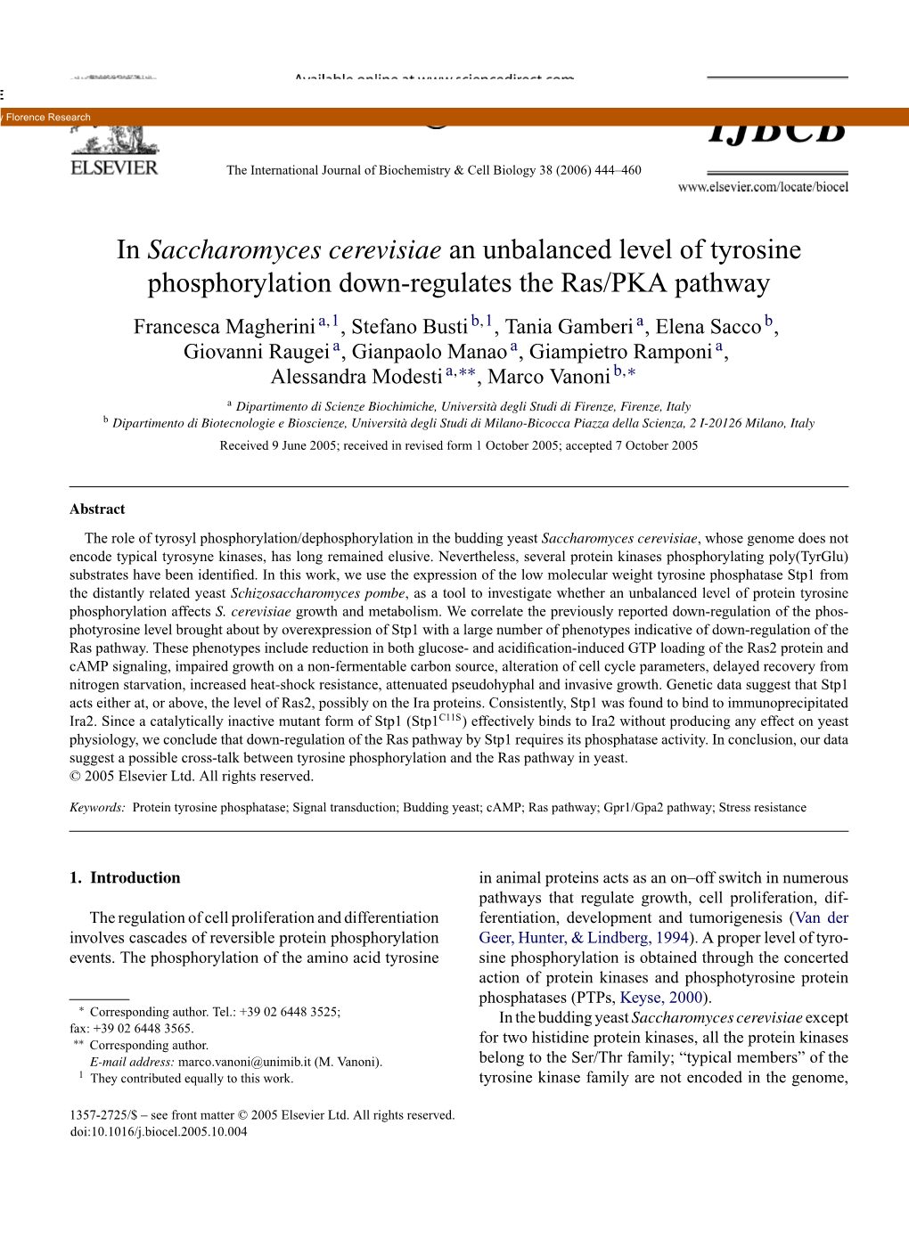 In Saccharomyces Cerevisiae an Unbalanced Level of Tyrosine Phosphorylation Down-Regulates the Ras/PKA Pathway