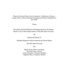 Massies Creek and Cherry Grove Cemeteries: a Reflection of Greene County, Ohio‟S African American Community and Their Contributions to the World