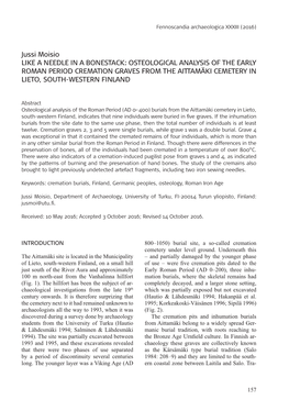 Osteological Analysis of the Early Roman Period Cremation Graves from the Aittamäki Cemetery in Lieto, South-Western Finland