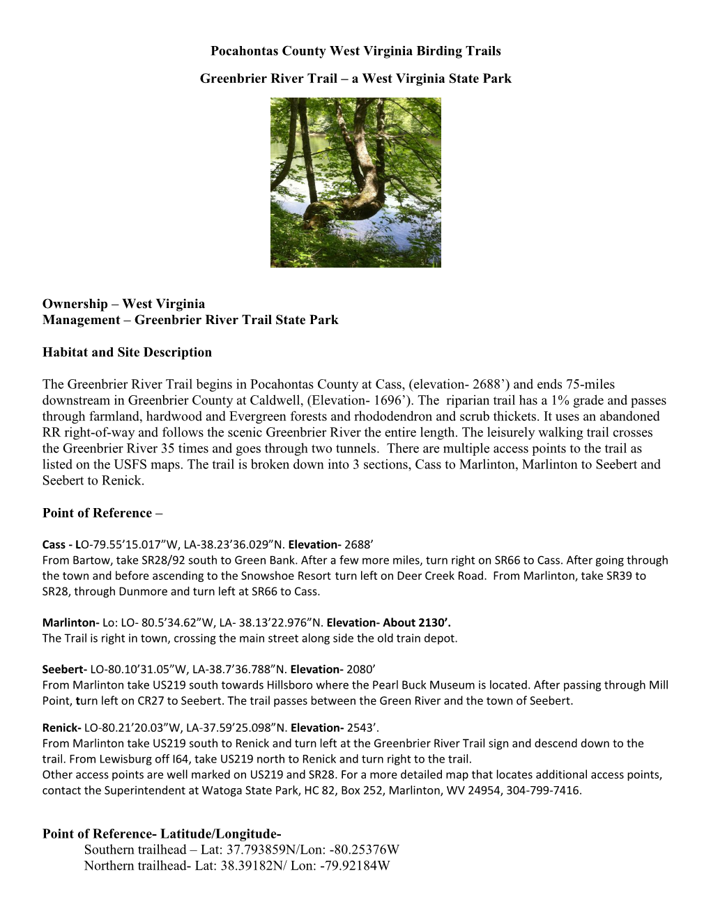 Pocahontas County West Virginia Birding Trails Greenbrier River Trail – a West Virginia State Park