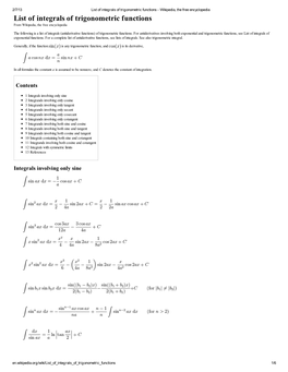 List of Integrals of Trigonometric Functions - Wikipedia, the Free Encyclopedia List of Integrals of Trigonometric Functions from Wikipedia, the Free Encyclopedia