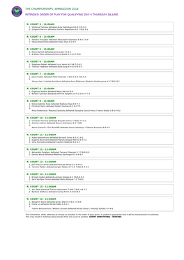 The Championships, Wimbledon 2018 Intended Order Of