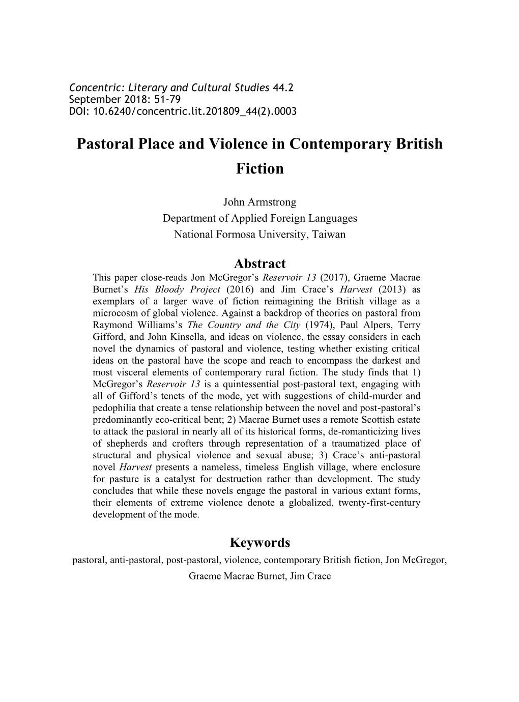 Pastoral Place and Violence in Contemporary British Fiction