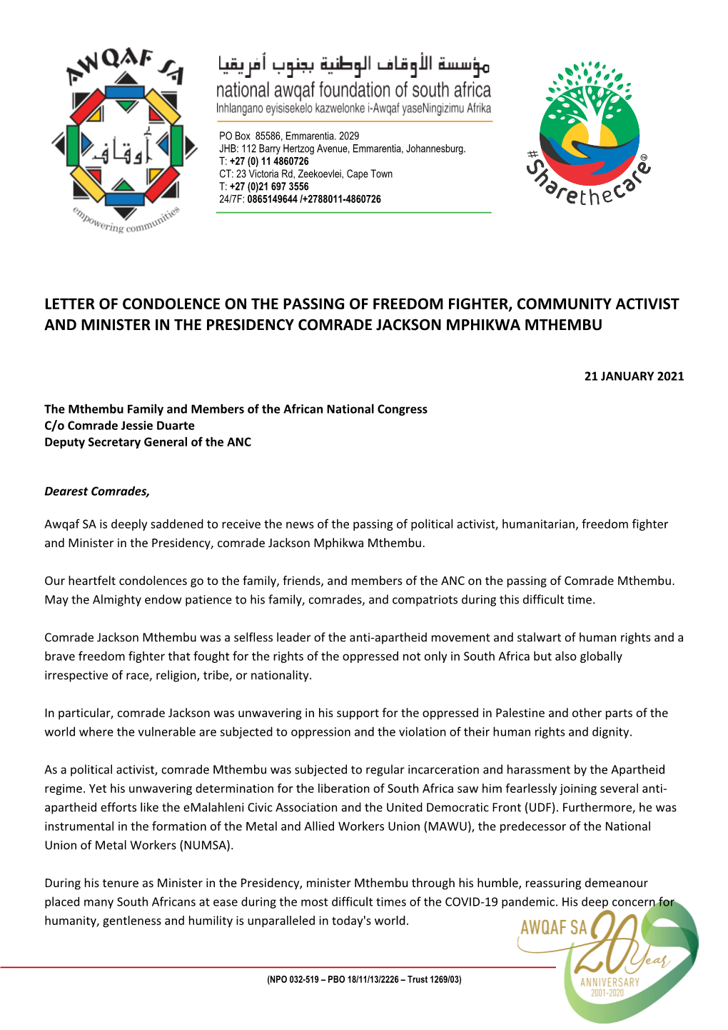 Letter of Condolence on the Passing of Freedom Fighter, Community Activist and Minister in the Presidency Comrade Jackson Mphikwa Mthembu